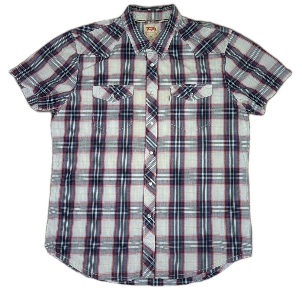 Levi's Western Shirt Men's Large Blue White Red Plaid Short Sleeve Pearl Snap